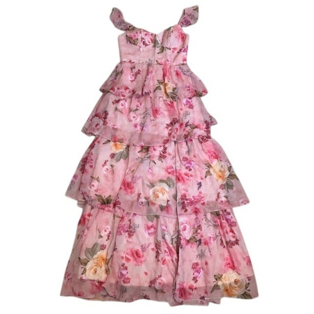 Floral Pink Maxi Dress Ruffle Tiered Corset Back Party Wedding Homecoming Prom‎ - Picture 5 of 16